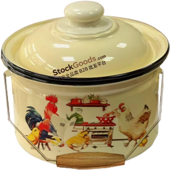 Russian‑Style Rolled‑Rim Enamel Milk Pail, Wire Frame Wooden Handle, Multiple Capacities Available